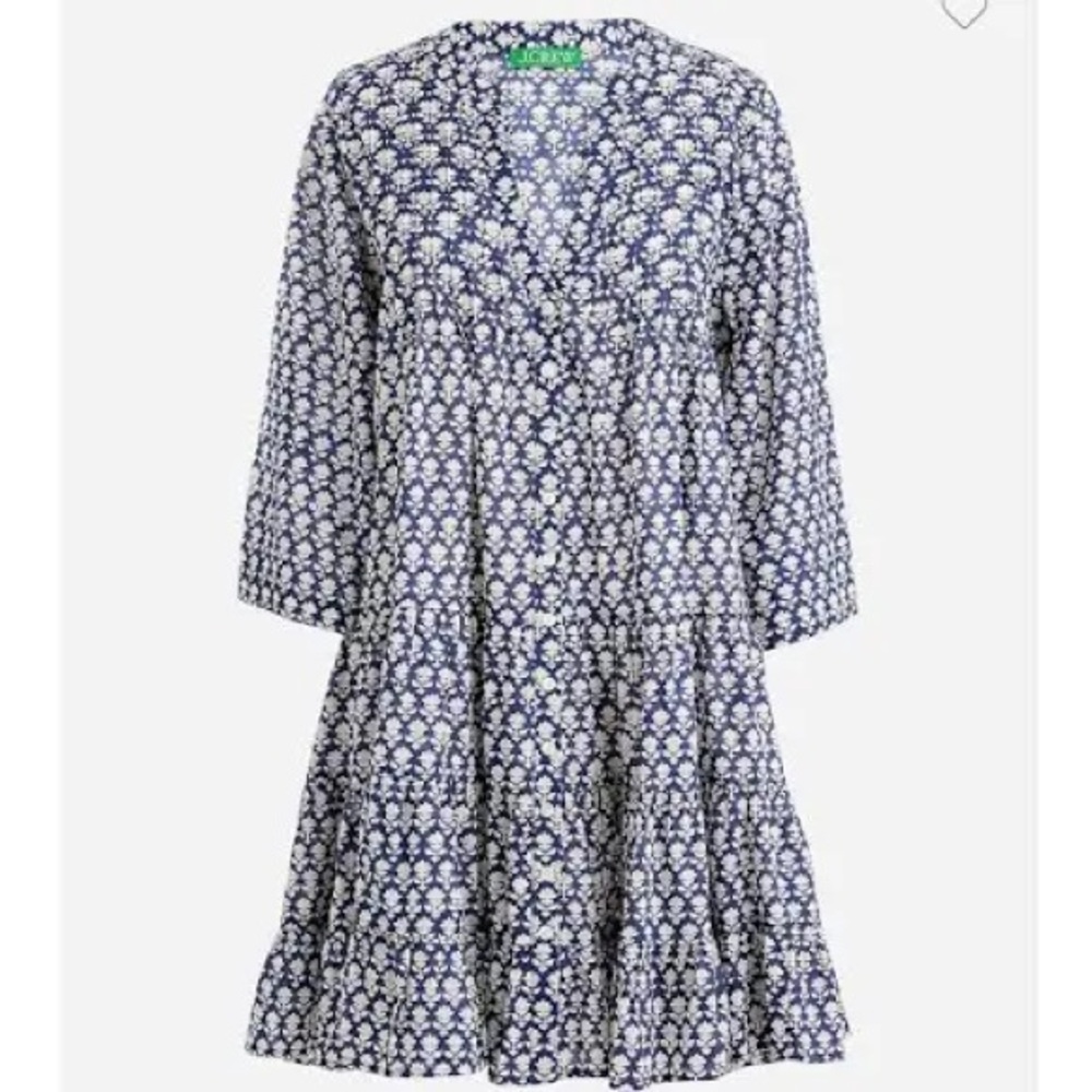 J. Crew Navy and White Floral Tiered Long-Sleeve Dress